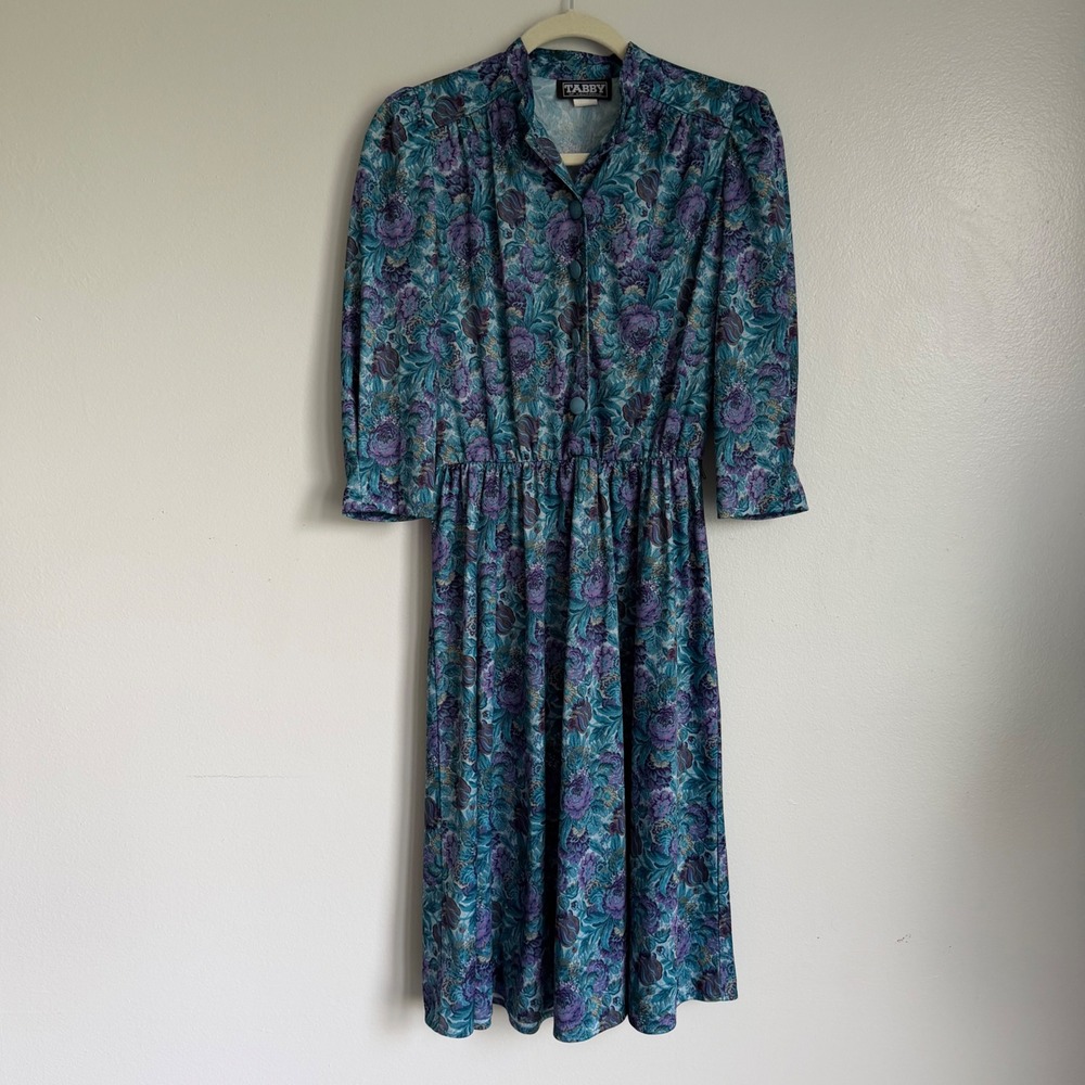 Vintage Tabby of California Floral Midi Dress Purple Teal 8P Made‎ in USA 80s